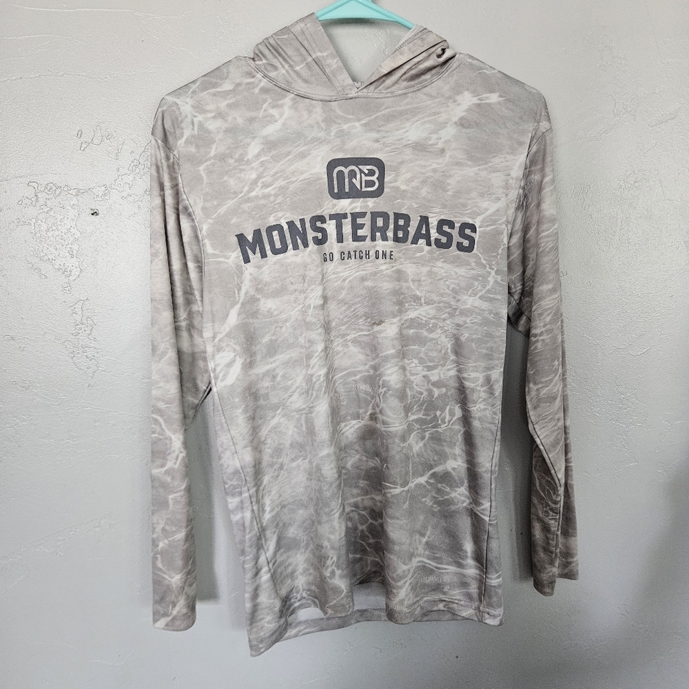 Monsterbass Mens XS Grey White Tie Dye Long Sleeve Hooded Shirt Outdoor Athletic